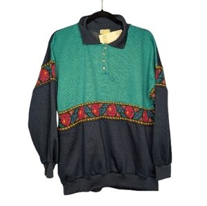 NWT Vintage Jennifer Women’s Large Knit Pullover Sweater Teal & Navy Floral